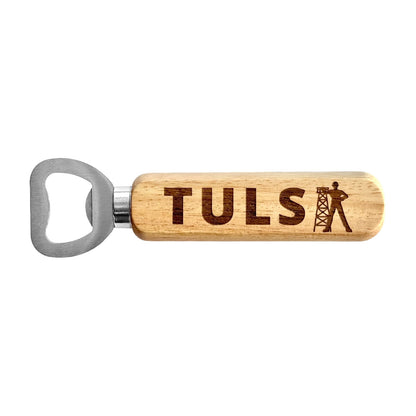 Tulsa Driller bottle opener with engraved wooden handle on white background, Oklahoma themed bar tool and Tulsa souvenir gift