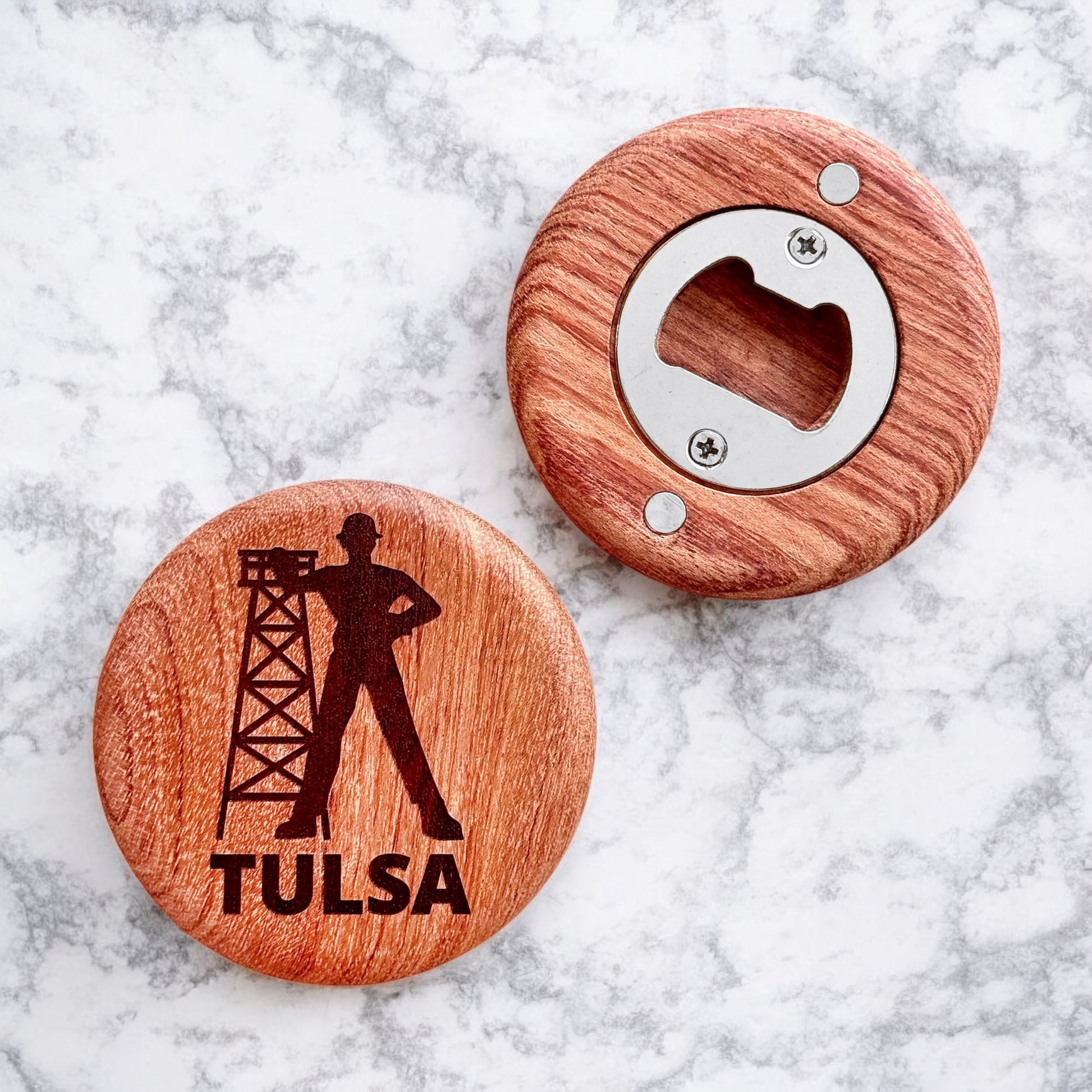 Front and back view of a cherry wood magnetic bottle opener featuring the Tulsa Driller silhouette and metal opener insert