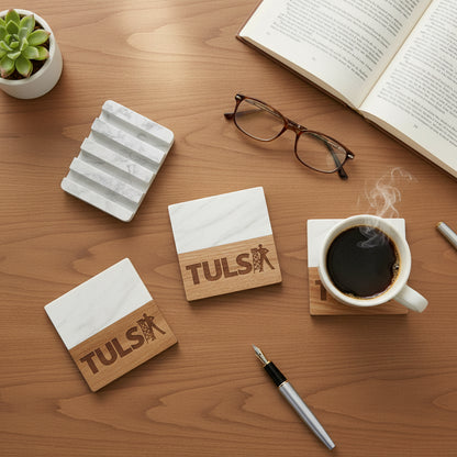 Set of four Tulsa Driller marble and acacia wood coasters arranged on wooden desk with coffee cup, engraved TULSA lettering and oil derrick design, 4 pack Tulsa Oklahoma coaster set for home decor gift or travel souvenir