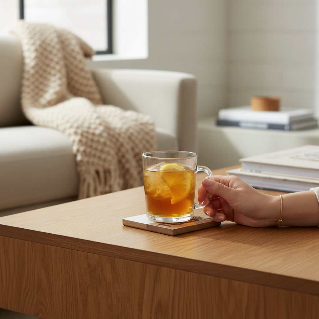 Glass mug with iced tea and lemon resting on Tulsa Driller marble and wood coaster on light wood coffee table, engraved Tulsa design coaster used as a Tulsa Oklahoma gift and Route 66 home decor souvenir