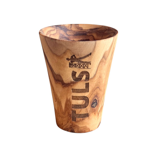 Tulsa Driller olive wood shot glass with vertical TULSA engraving, solid olive wood shot glass photographed on a white background, Tulsa souvenir gift