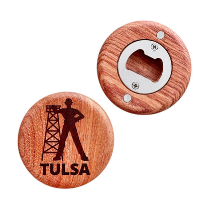 Tulsa Driller red beech wood magnetic bottle opener showing laser engraved Tulsa Driller silhouette on round wood opener, Tulsa souvenir and Route 66 gift