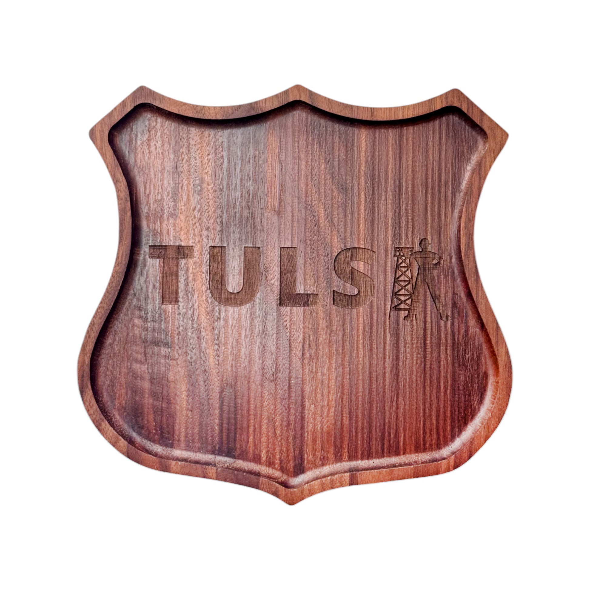 Walnut Route 66 badge shaped catch all tray engraved with TULSA and Tulsa Driller icon, solid walnut tray used for keys and everyday items, Tulsa gift or Route 66 souvenir