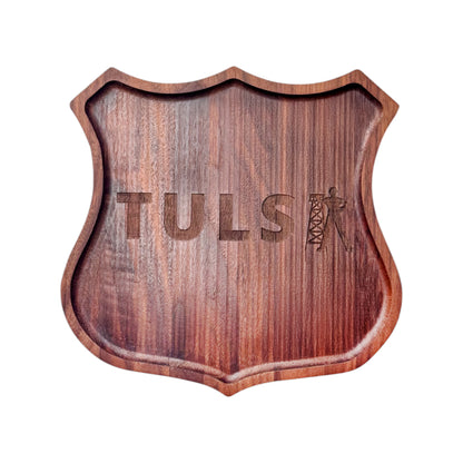 Walnut Route 66 badge shaped catch all tray engraved with TULSA and Tulsa Driller icon, solid walnut tray used for keys and everyday items, Tulsa gift or Route 66 souvenir