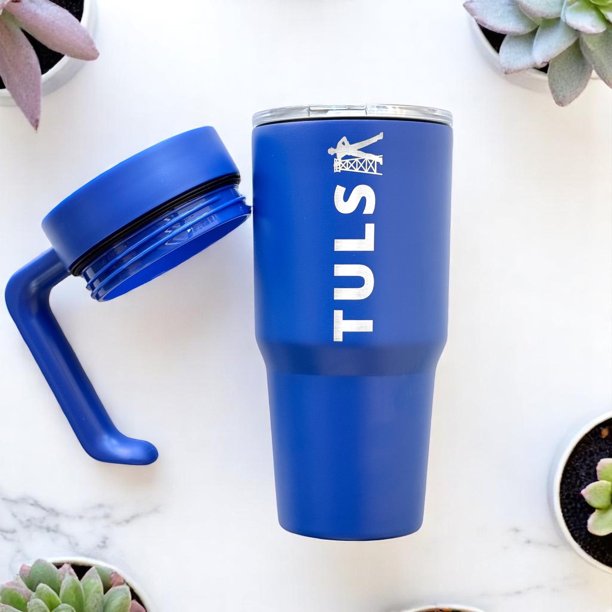 Blue Tulsa Driller 30oz insulated tumbler with removable handle and clear lid, Oklahoma souvenir travel tumbler