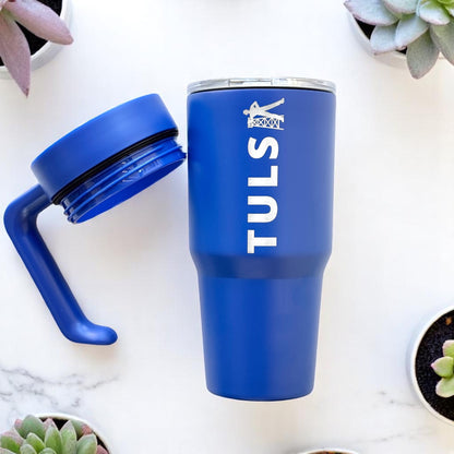 Blue Tulsa Driller 30oz insulated tumbler with removable handle and clear lid, Oklahoma souvenir travel tumbler