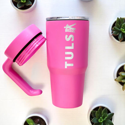 Pink Tulsa Driller 30oz stainless steel tumbler with handle removed and lid visible, Tulsa gift and Route 66 travel cup