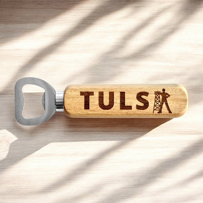 Tulsa Driller wooden bottle opener with laser engraved handle and metal opener head, Oklahoma souvenir bottle opener featuring the iconic Tulsa oil derrick figure