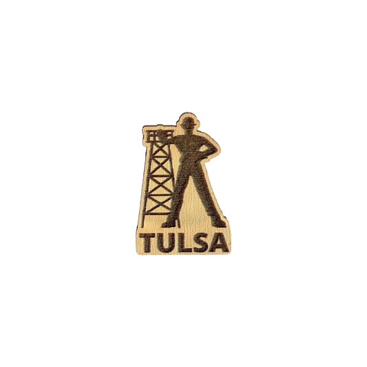 Tulsa Driller wooden lapel pin showing engraved oil derrick and driller silhouette, laser cut wood pin designed as Tulsa souvenir and local pride gift
