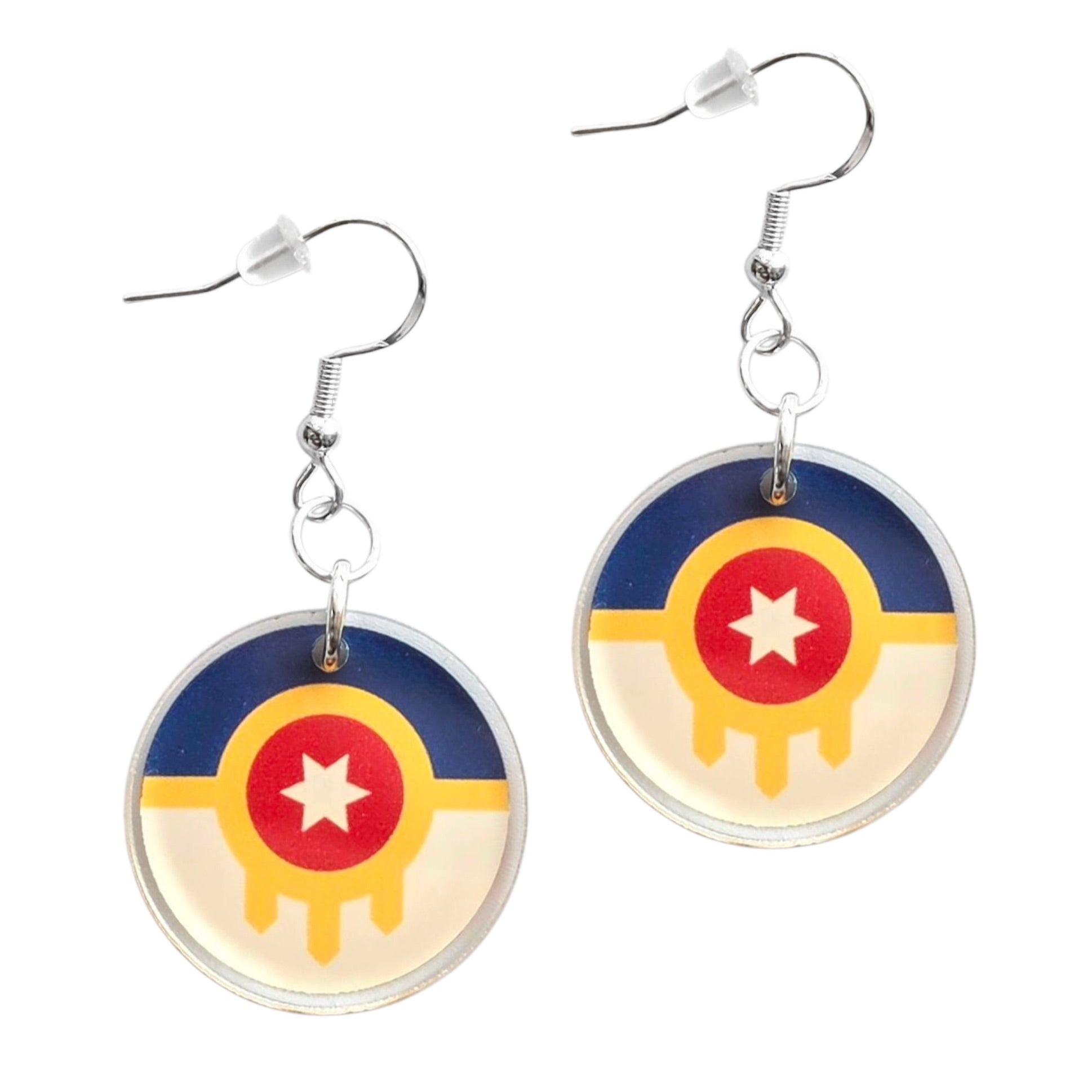Tulsa flag acrylic earrings in round shape with full color city flag design, lightweight Oklahoma earrings with sterling silver hooks