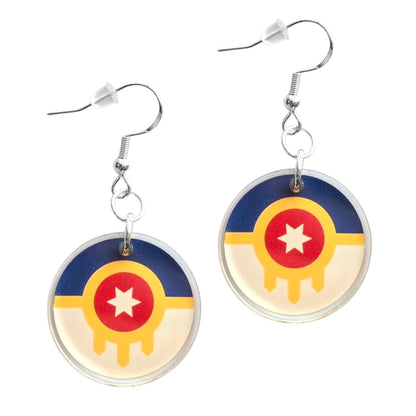 Tulsa flag acrylic earrings in round shape with full color city flag design, lightweight Oklahoma earrings with sterling silver hooks