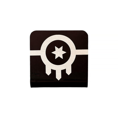 Square aluminum hat clip with laser engraved Tulsa flag design, black powder coated finish with brushed silver metal detail