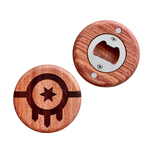 Flatlay of cherry wood magnetic bottle opener featuring the Tulsa city flag laser-engraved design