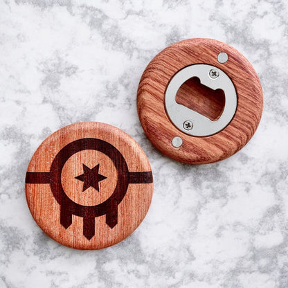 Front and back view of cherry wood magnetic bottle opener with laser-engraved Tulsa flag symbol and metal opener insert