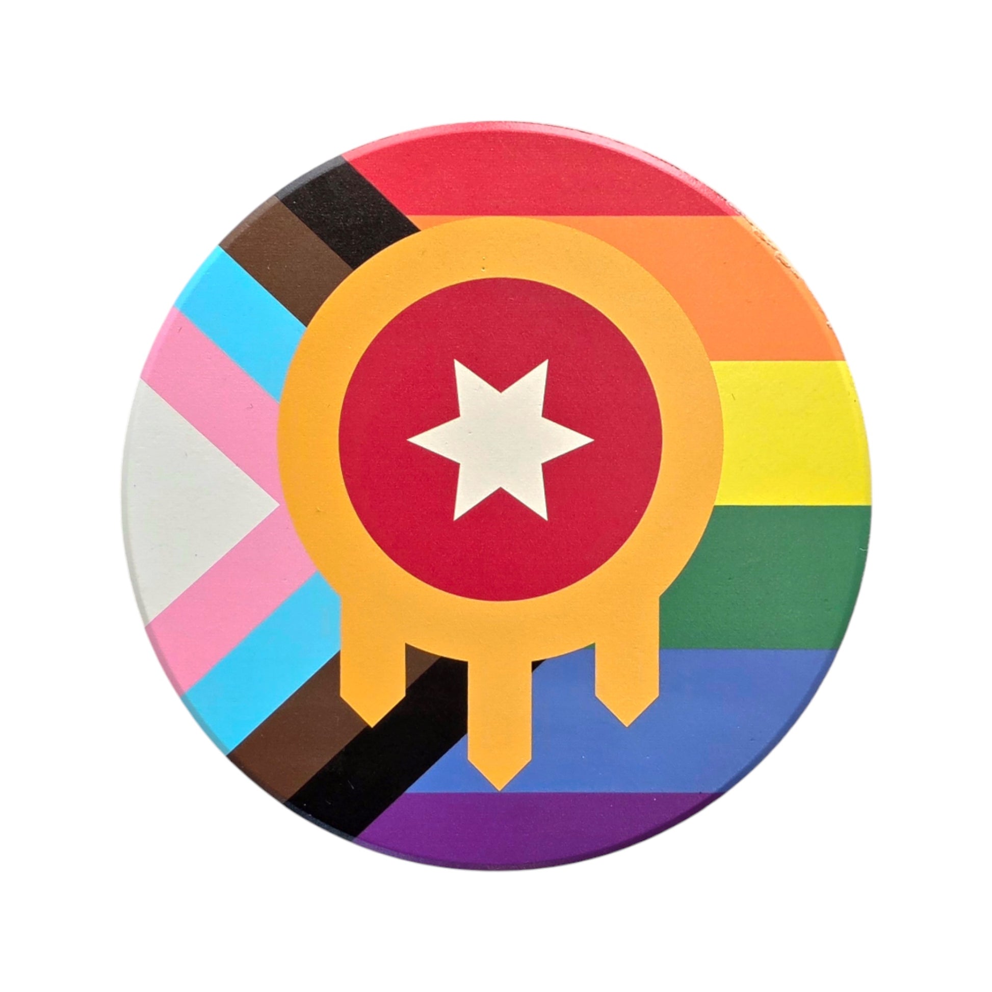 Tulsa Flag Inclusive Pride ceramic coaster with bright Progress Pride rainbow design, LGBTQIA Tulsa souvenir gift.