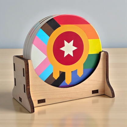 Tulsa Flag Inclusive Pride Coaster set with wooden display stand, featuring Progress Pride and Tulsa flag design, LGBTQIA Oklahoma souvenir.
