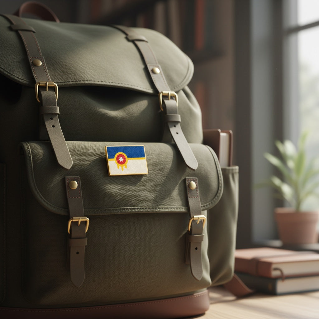 Tulsa flag wooden lapel pin attached to backpack as Tulsa Oklahoma souvenir gift for travelers and locals