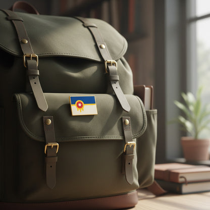 Tulsa flag wooden lapel pin attached to backpack as Tulsa Oklahoma souvenir gift for travelers and locals