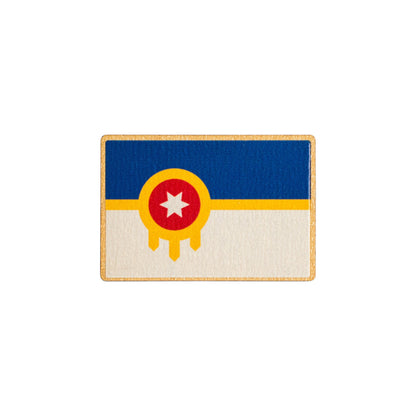 Tulsa flag wooden lapel pin isolated on white background showing full color city flag souvenir design