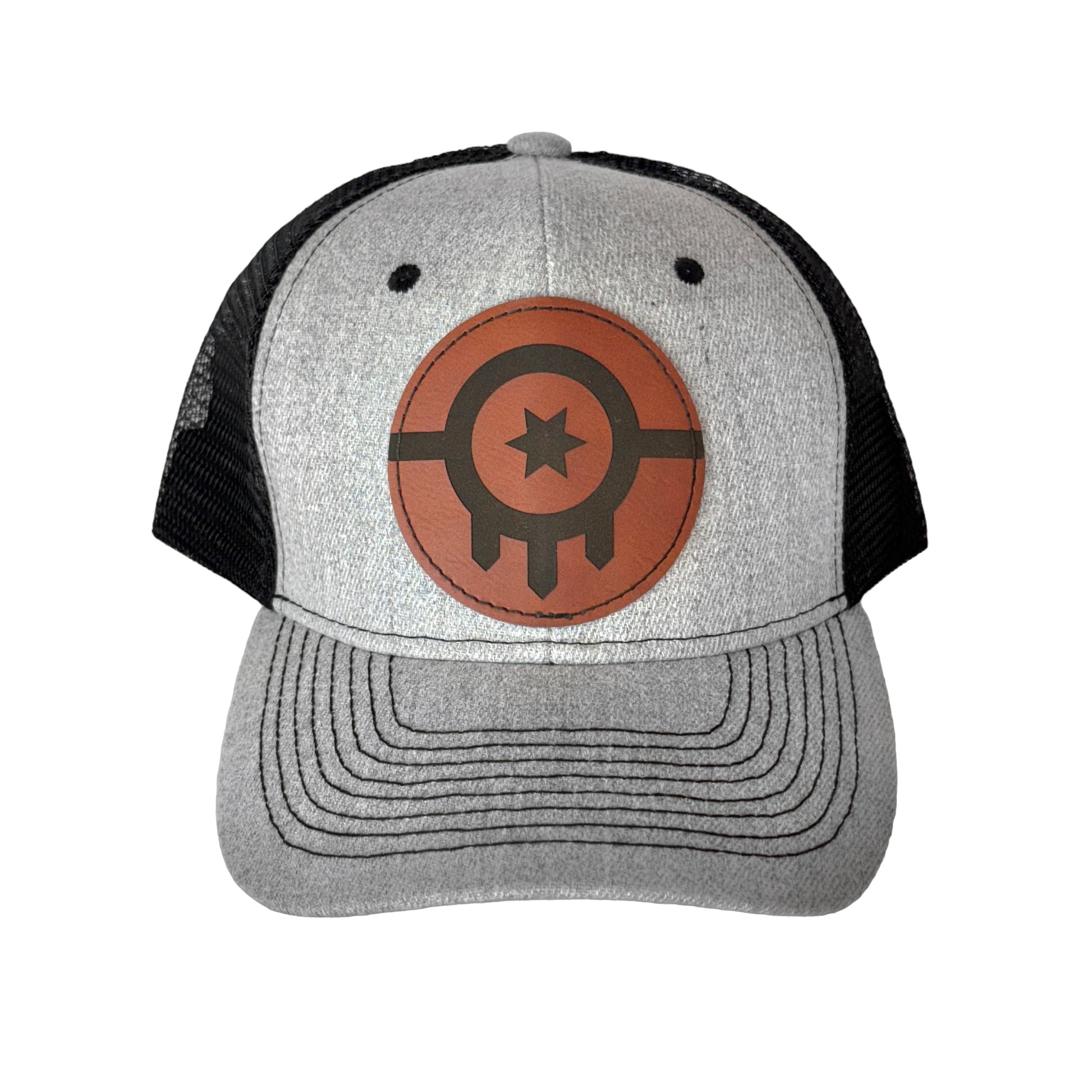 Gray and black Tulsa flag hat with round leatherette patch on the front, Oklahoma trucker hat with curved bill and adjustable closure