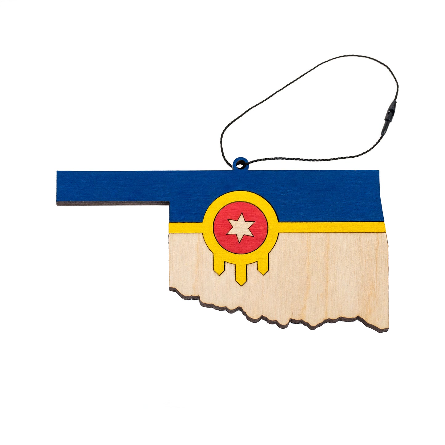 Wooden Oklahoma state ornament featuring the Tulsa city flag design with layered color and hanging cord