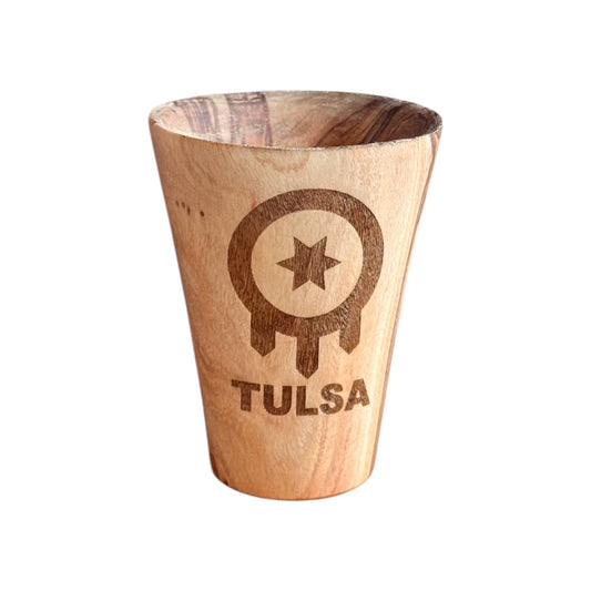 Tulsa flag olive wood shot glass with engraved Tulsa city flag symbol and text, solid wood Tulsa souvenir shot glass