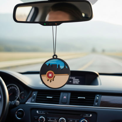 Round wooden Tulsa flag skyline car ornament hanging from rearview mirror, layered design featuring Tulsa skyline silhouette with city flag emblem detail, lightweight auto accessory gift for Tulsa locals, Oklahoma road trips, and Route 66 souvenir collectors