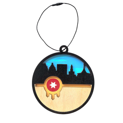 Tulsa flag skyline wooden ornament with layered wood skyline silhouette and Tulsa flag shield, round Tulsa ornament with hanging cord for local gift or souvenir