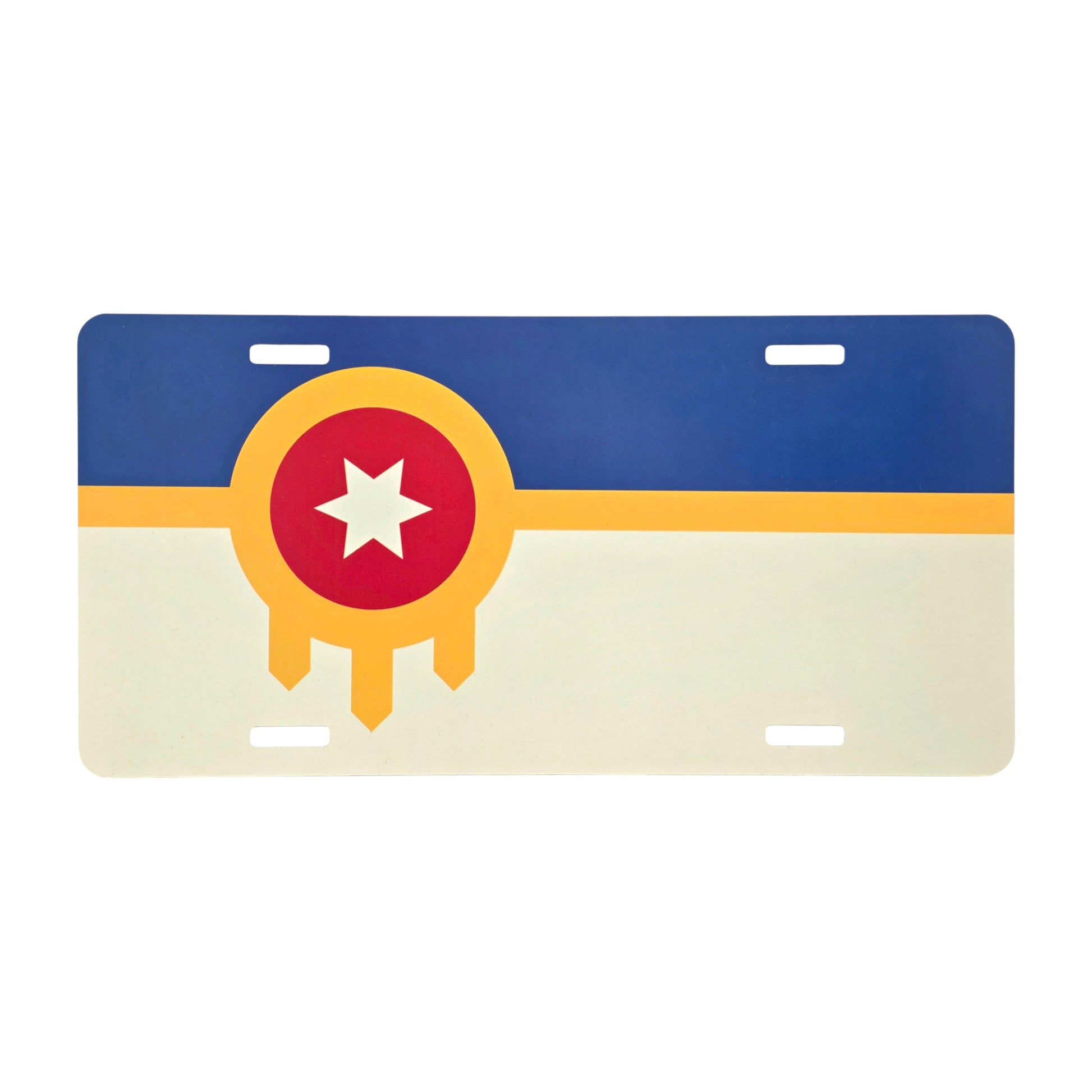 Front view of Tulsa Flag vanity plate featuring bold blue, red, and gold Oklahoma flag design, Route 66 souvenir by The Curious Bison.