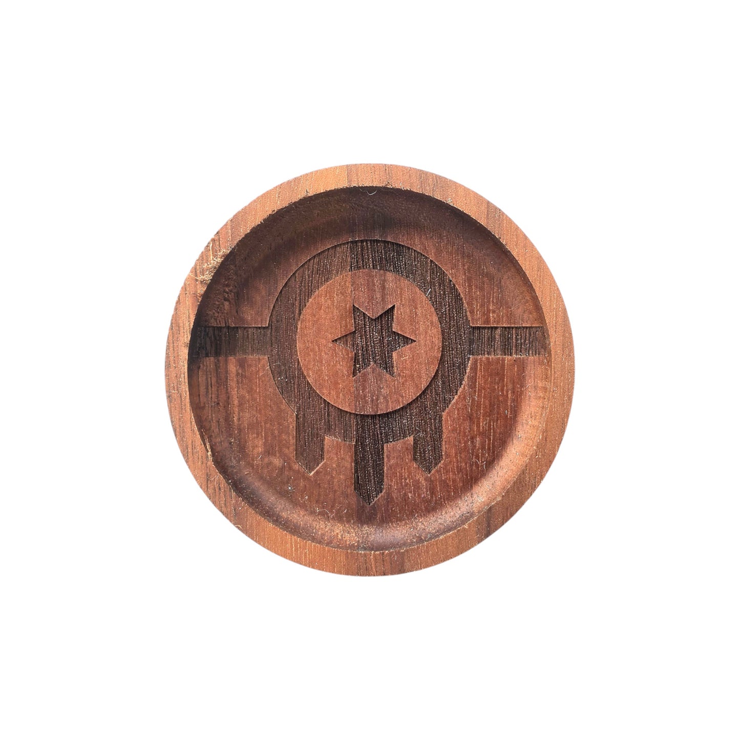 Small walnut wood ring tray engraved with the Tulsa flag symbol, round wooden catchall dish for rings and jewelry, Tulsa gift or local souvenir