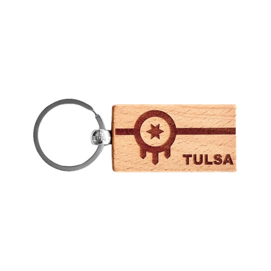 Tulsa flag wooden keychain with laser engraved Tulsa city flag symbol and text, rectangular wood keychain with metal ring for Oklahoma souvenir or gift
