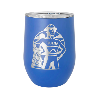 Blue Tulsa Golden Driller 12oz wine tumbler with engraved Golden Driller design, stainless steel insulated tumbler with clear sealable lid for Tulsa souvenir gift.