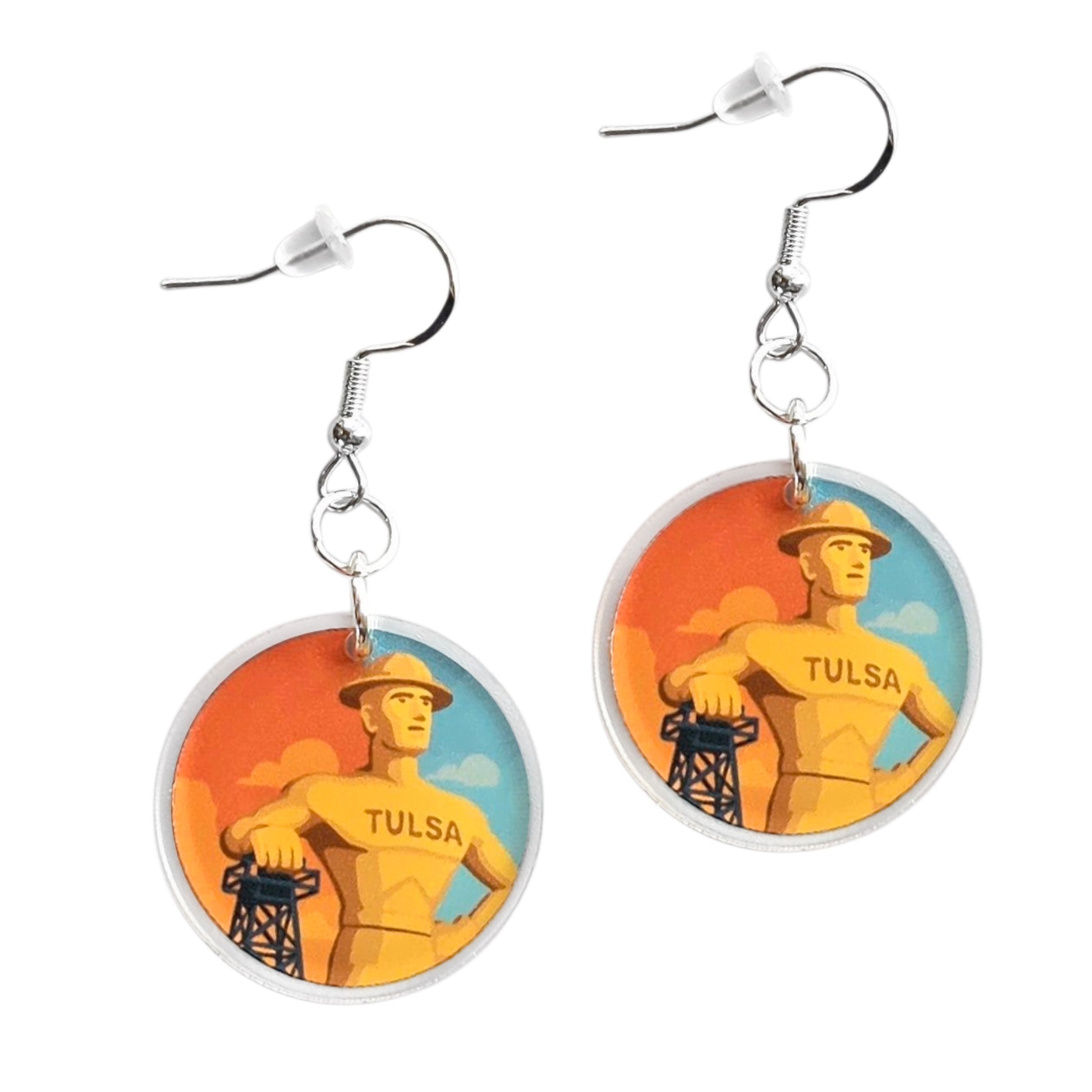Tulsa Golden Driller acrylic earrings in round shape with full color illustration, lightweight Tulsa landmark earrings with sterling silver hooks
