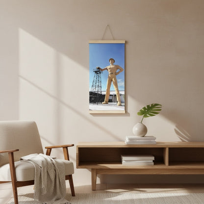 Tulsa Golden Driller canvas wall hanging displayed in a living room, featuring original photography of the Oklahoma landmark as Tulsa home decor and travel souvenir