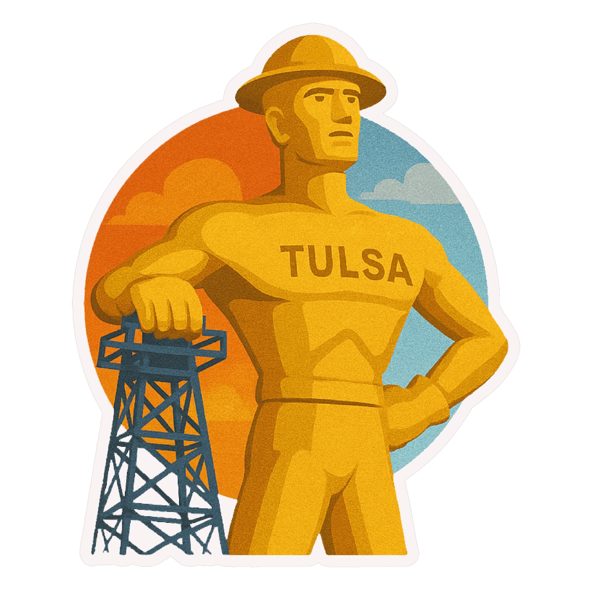Tulsa Golden Driller landmark sticker featuring illustrated Tulsa statue with oil derrick and warm sunset background, colorful Tulsa souvenir decal with bold TULSA lettering