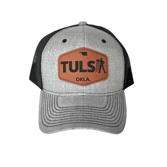 Tulsa Oklahoma leather patch hat with Golden Driller design, gray front panels and black mesh back, Tulsa souvenir hat