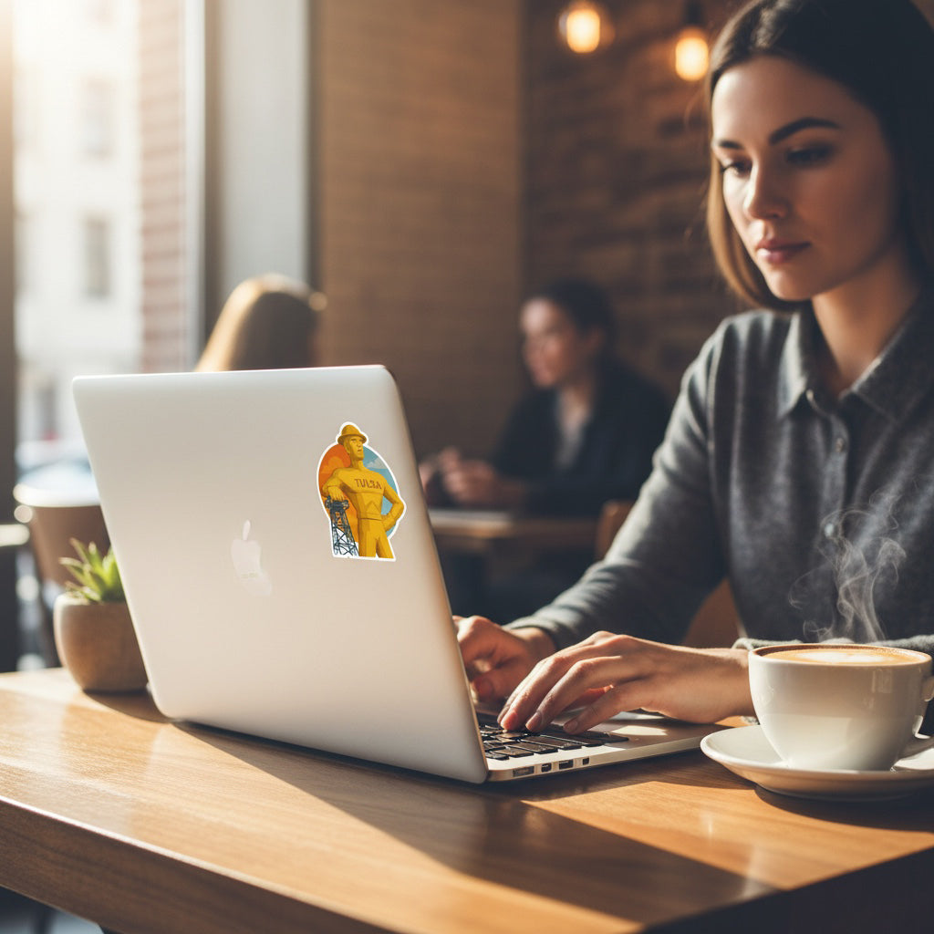 Tulsa Golden Driller landmark sticker applied to a laptop in a coffee shop setting, Tulsa Oklahoma souvenir decal showing the iconic statue and oil derrick