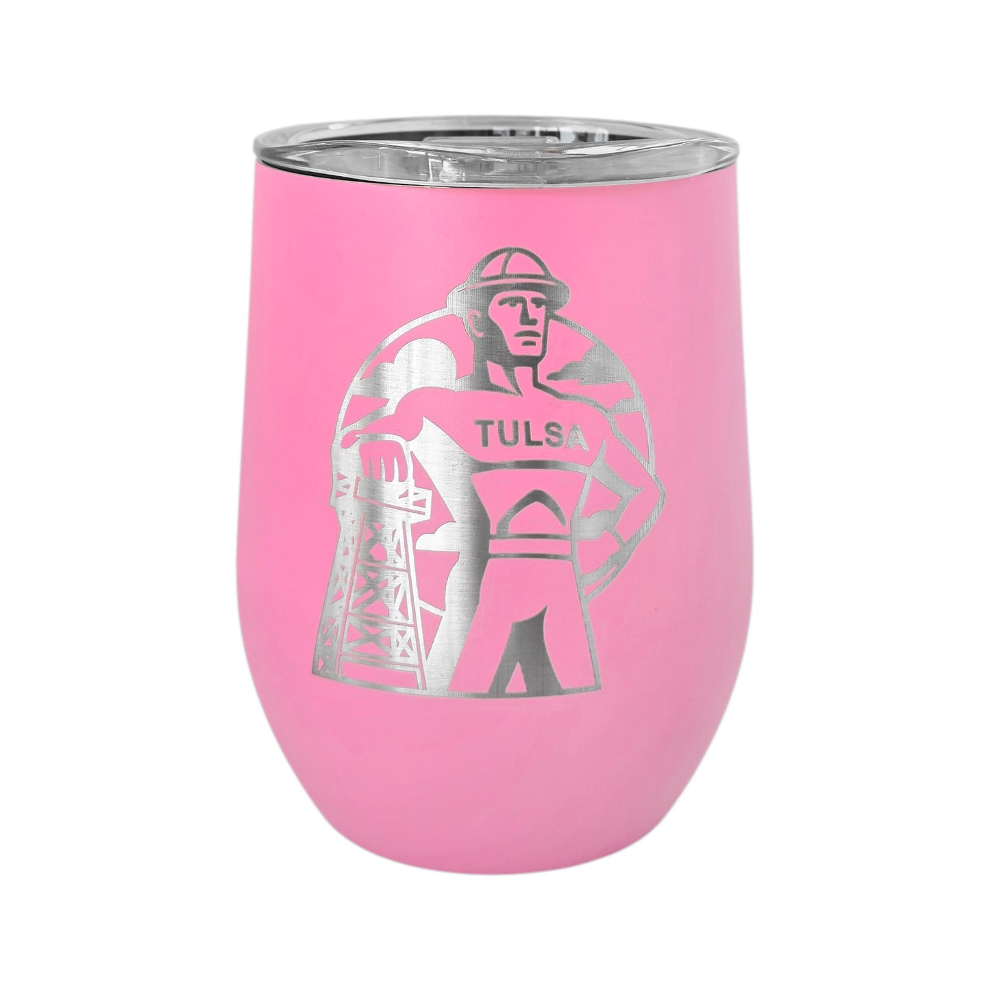 Pink Tulsa Golden Driller 12oz wine tumbler with engraved design displayed on neutral background, Oklahoma themed stainless steel drinkware
