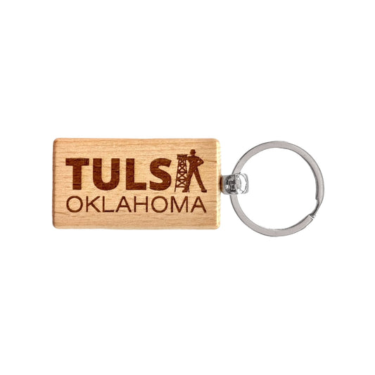 Tulsa Golden Driller wood keychain with laser engraved Tulsa text and Golden Driller icon, rectangular wooden keychain isolated on white background, Tulsa souvenir