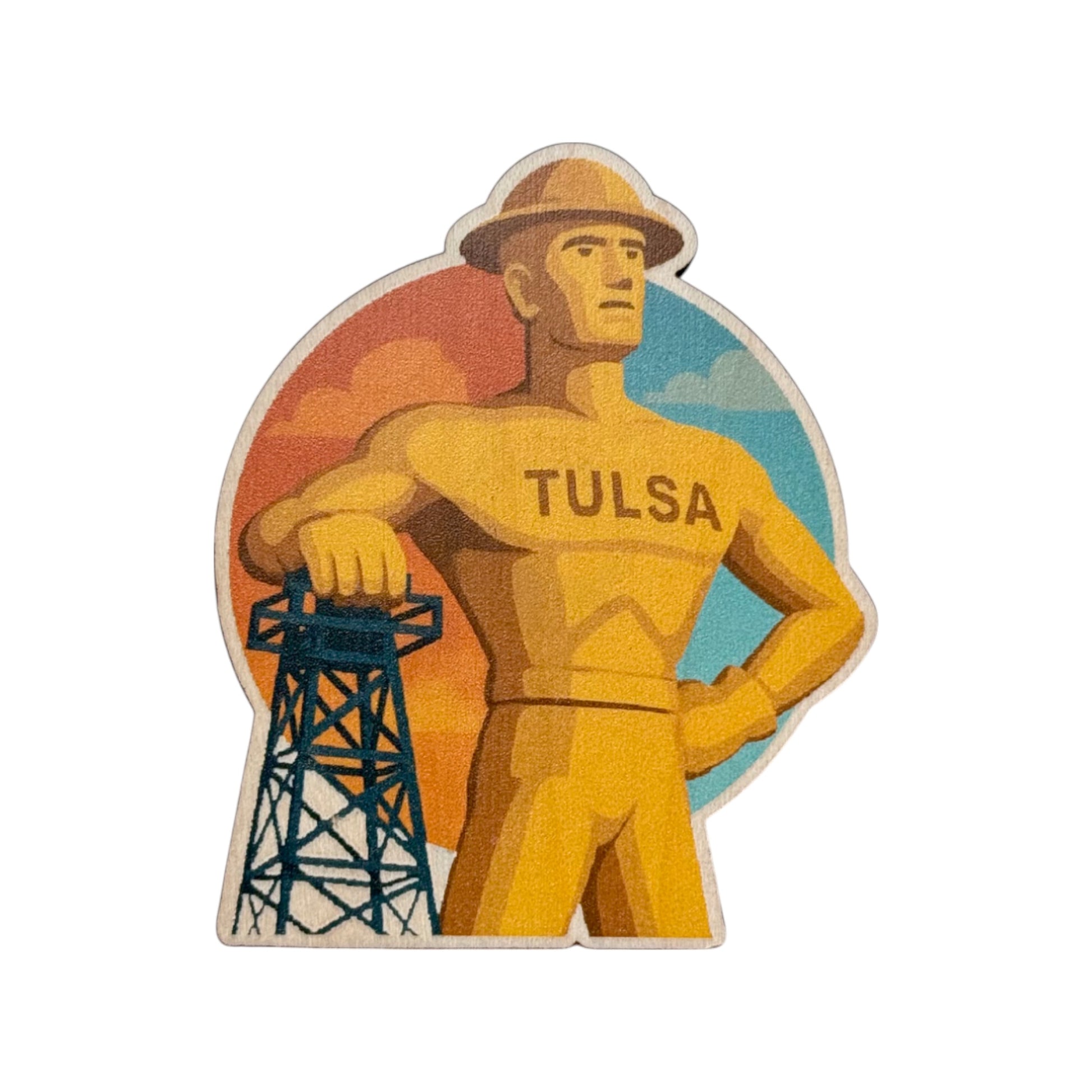 Tulsa Golden Driller wooden magnet featuring a full color illustration of the iconic Tulsa landmark, Oklahoma souvenir magnet made from wood