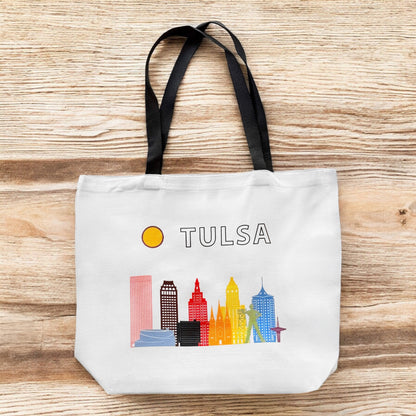 Large Tulsa Oklahoma LGBTQIA pride skyline tote bag standing upright with bright city skyline artwork