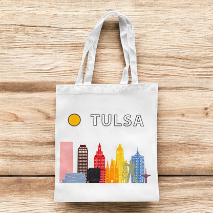 Small Tulsa Oklahoma LGBTQIA pride skyline tote bag standing upright, reusable pride souvenir tote