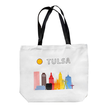 Tulsa LGBTQIA pride skyline tote bag with colorful illustrated Tulsa landmarks and black handles, reusable pride tote photographed on white background
