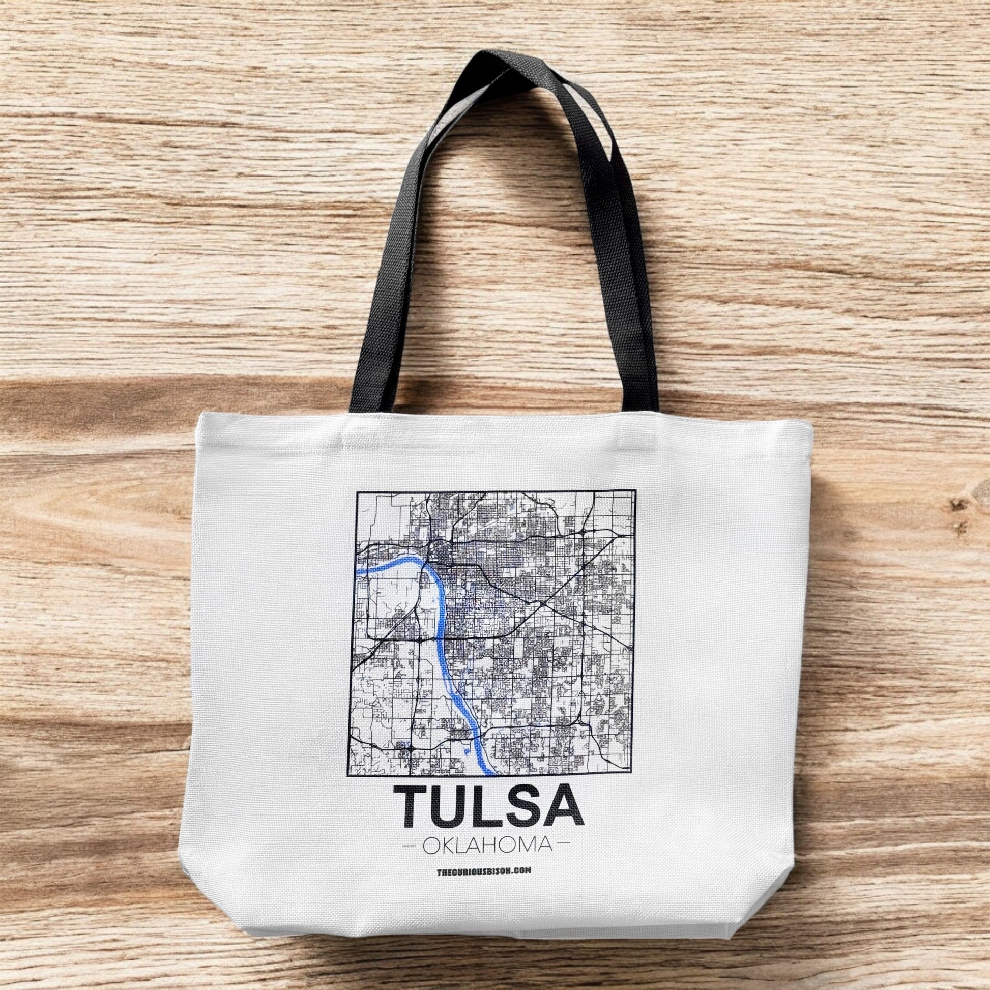 Large Tulsa Oklahoma map tote bag standing upright with black handles and city street map print