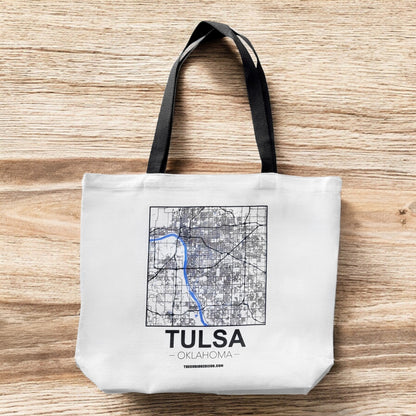Large Tulsa Oklahoma map tote bag standing upright with black handles and city street map print