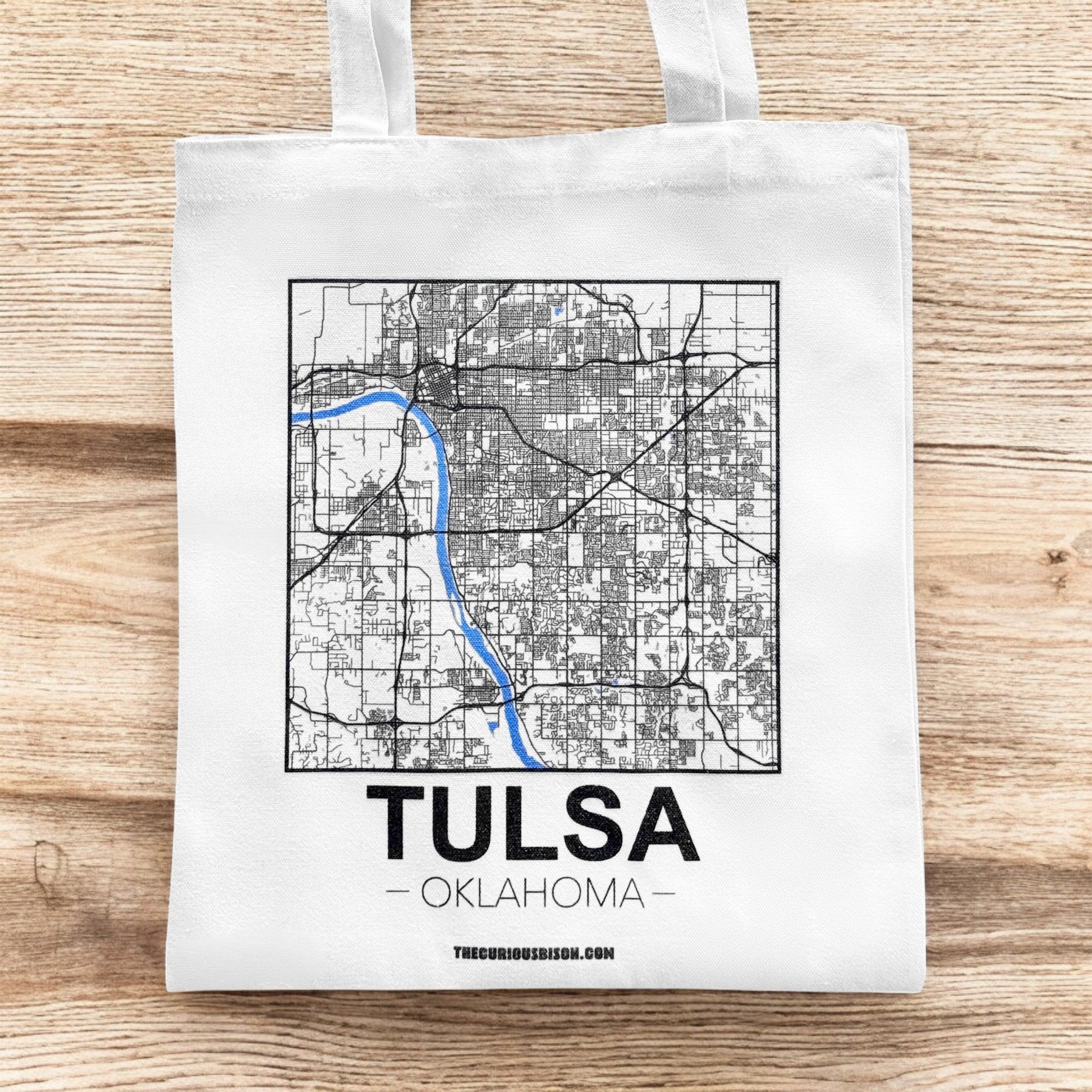 Small Tulsa map tote bag shown flat with Tulsa street map design and Arkansas River highlighted