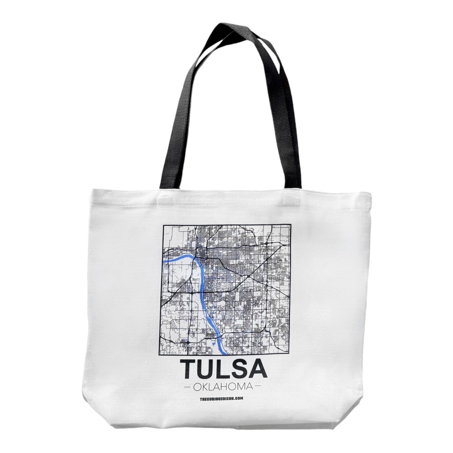 Tulsa map tote bag with black and white Tulsa street map and Arkansas River highlighted in blue, reusable Tulsa Oklahoma tote bag on white background