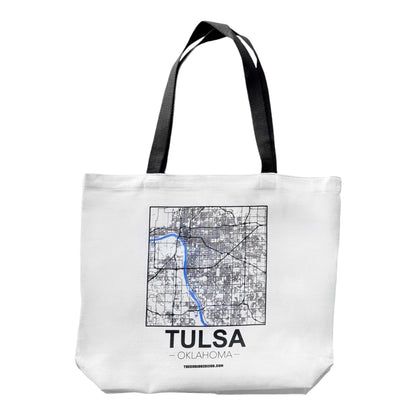 Tulsa map tote bag with black and white Tulsa street map and Arkansas River highlighted in blue, reusable Tulsa Oklahoma tote bag on white background