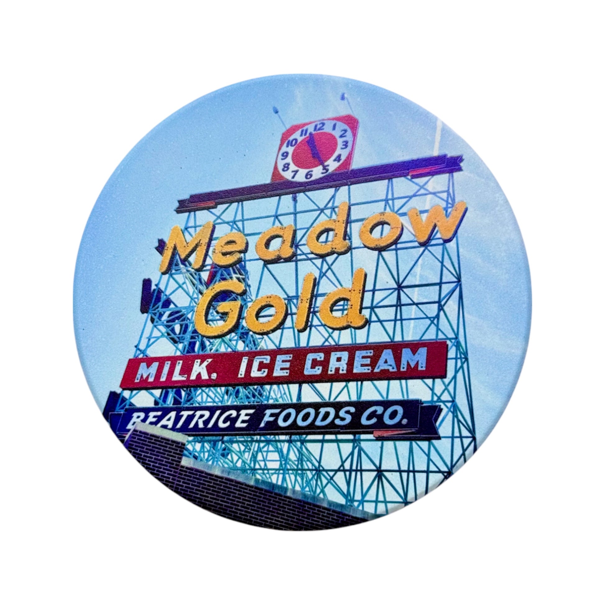 Round Tulsa Meadow Gold sign ceramic coaster featuring the historic Route 66 rooftop sign, Oklahoma souvenir coaster for home or office use