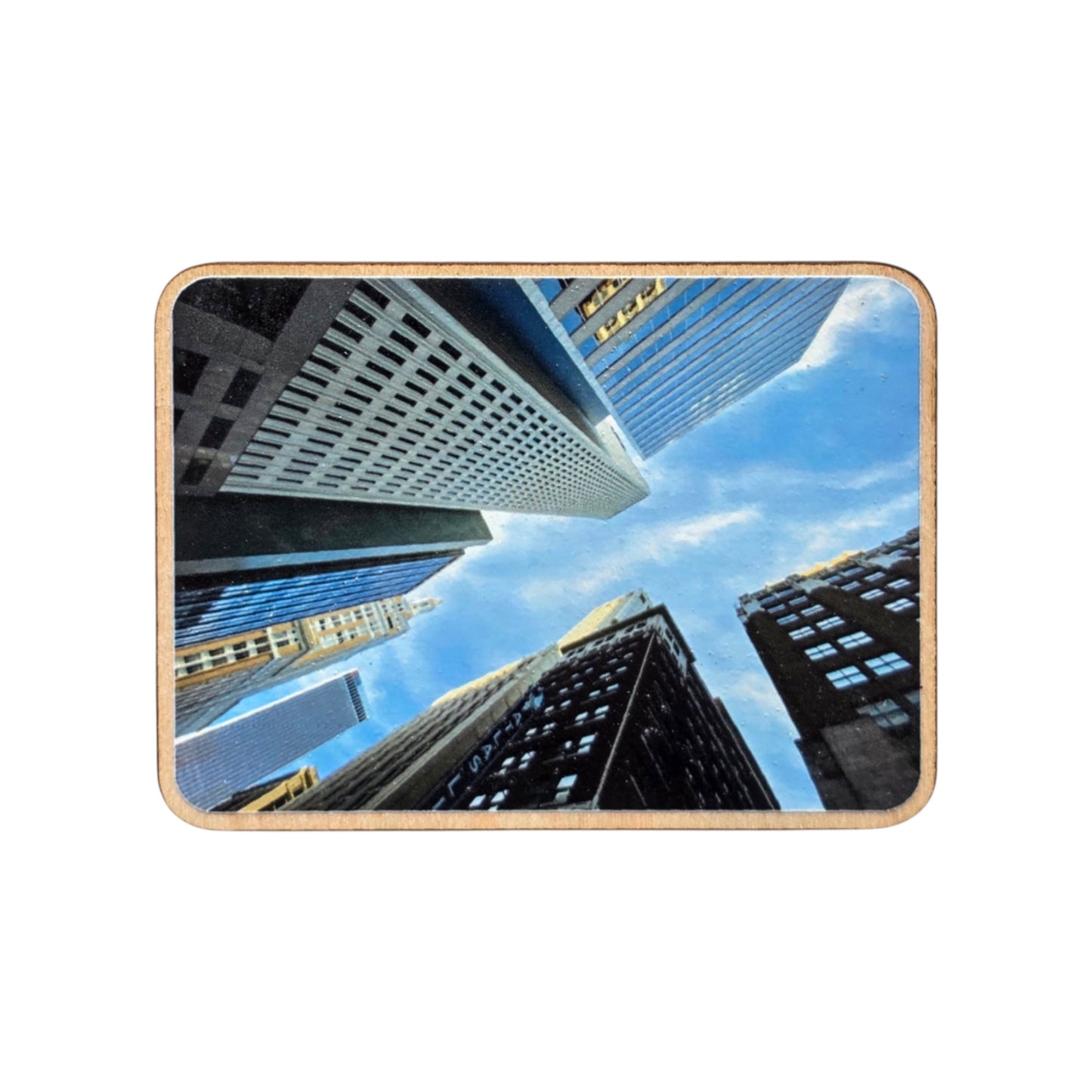 Tulsa OK downtown buildings wood photo magnet showing upward view of city architecture and blue sky, printed wood magnet for Tulsa travel souvenir or Route 66 gift